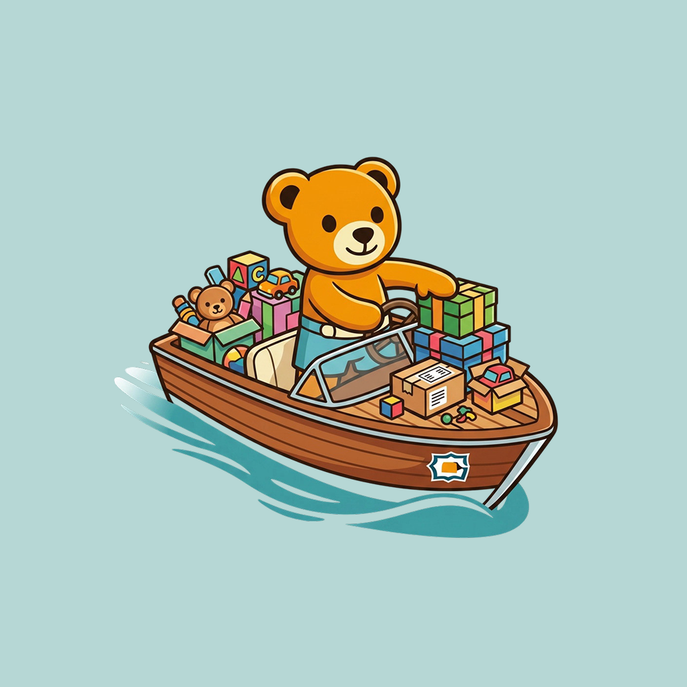 Cartoon bear driving a boat with toys on a light blue background