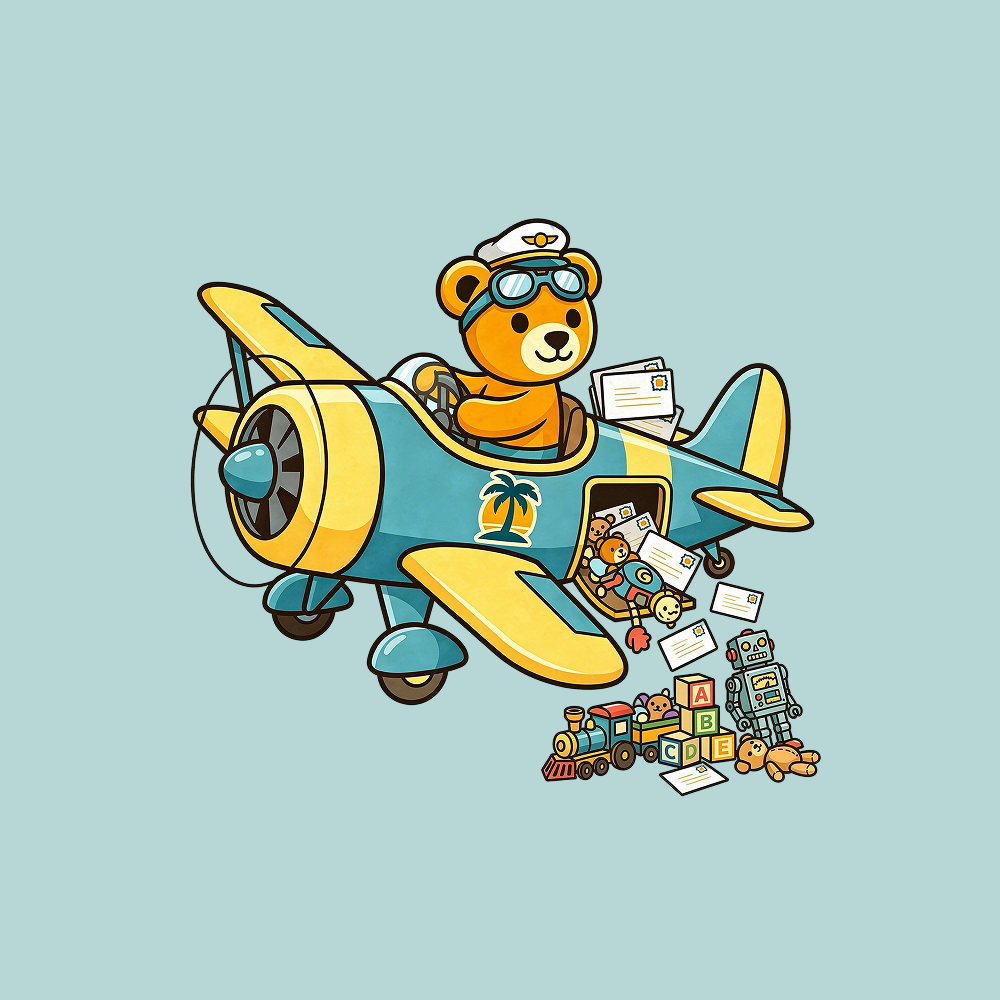 Cartoon bear pilot on an airplane with toys scattered below on a light blue background