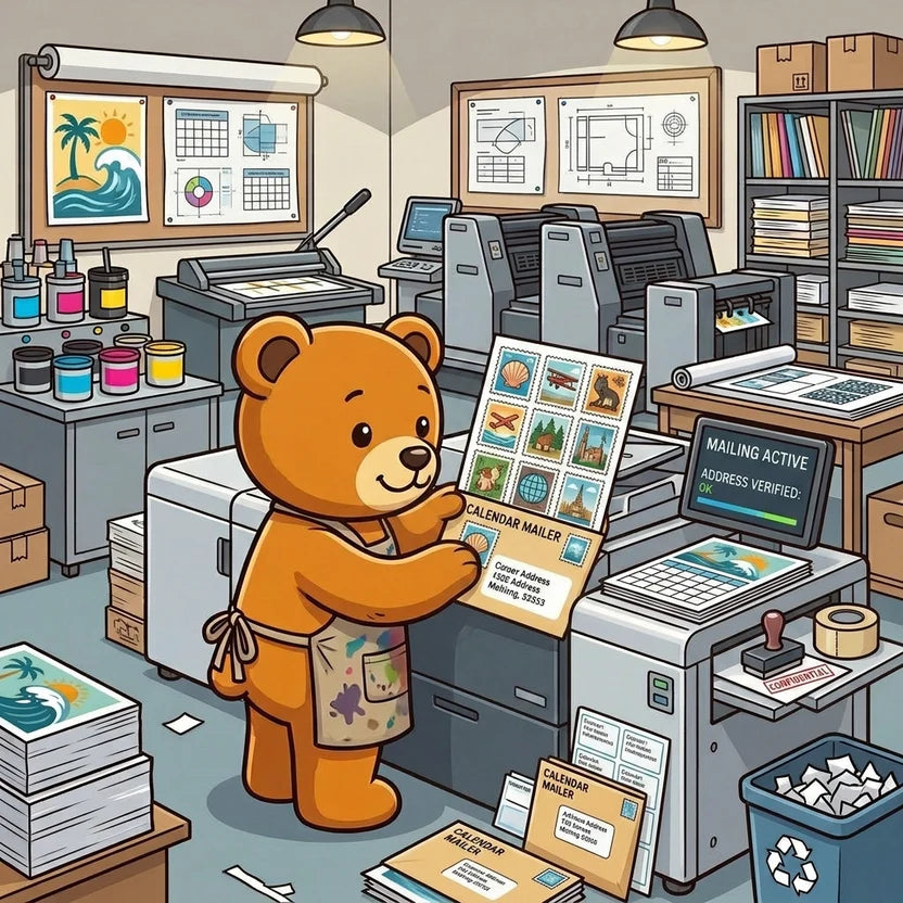 Cartoon bear in an office setting with printing equipment and mailers.