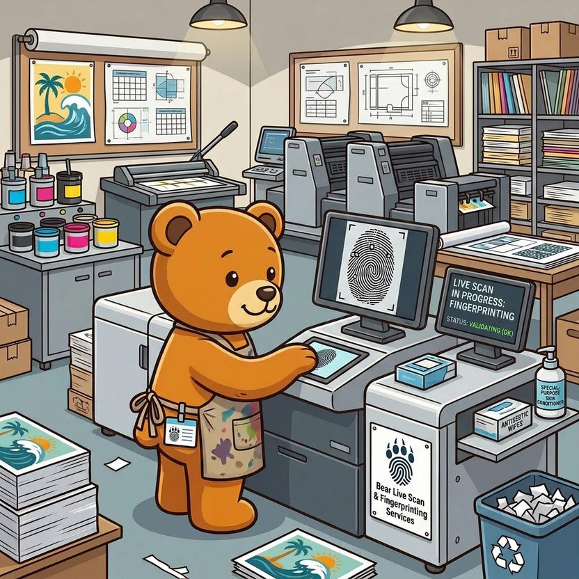 Cartoon bear in an office setting using a scanner.