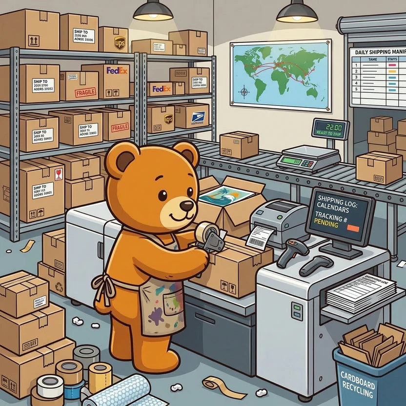Cartoon bear working in a warehouse with boxes and shipping equipment.