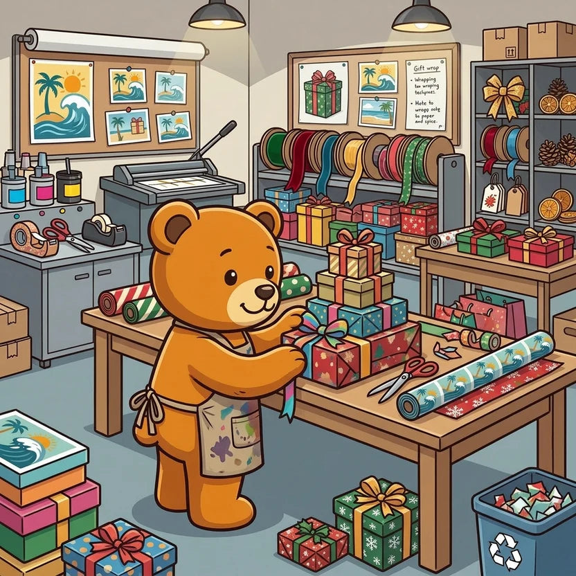 Illustration of a teddy bear in a gift wrapping shop with various gift-wrapping materials.