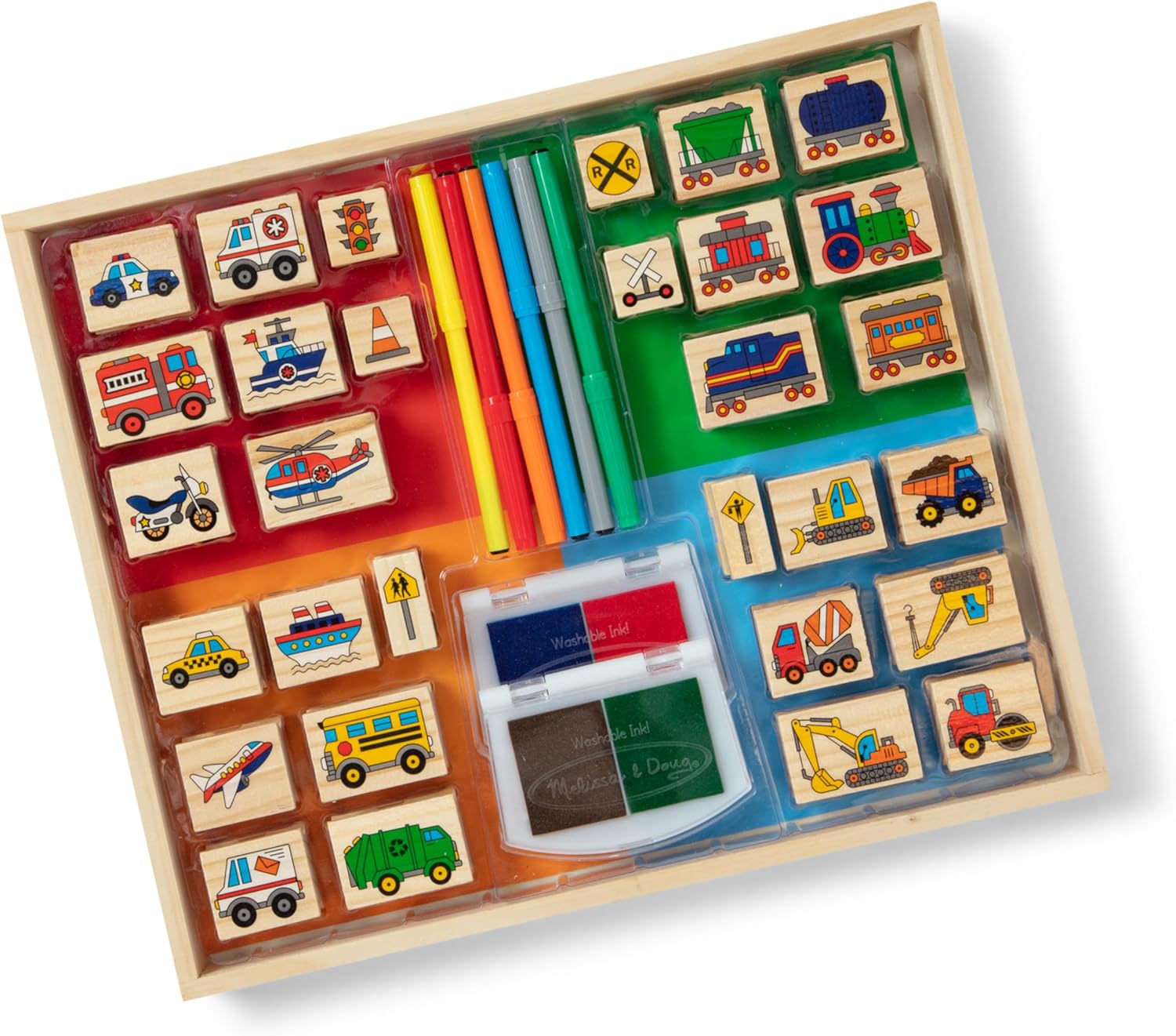 Deluxe Wooden Stamp and Coloring Set – Vehicles