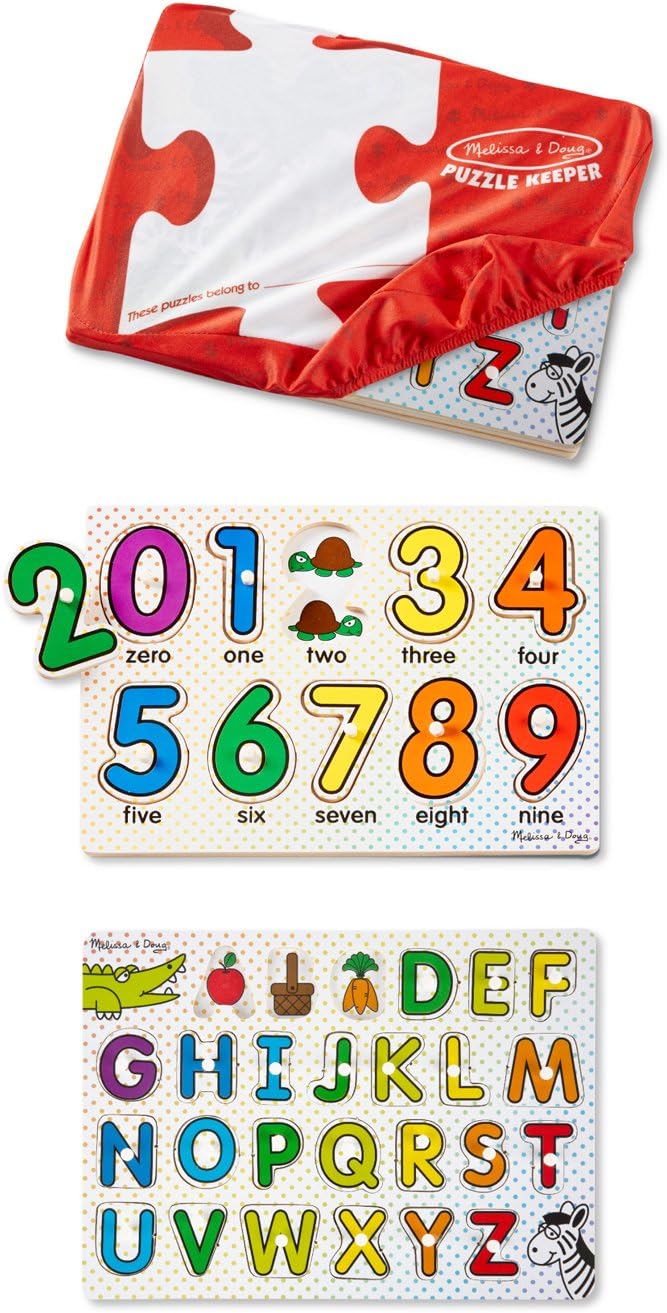 ABCs and 123s Wooden Peg Puzzles Set With Puzzle Keeper Stretchy Cover