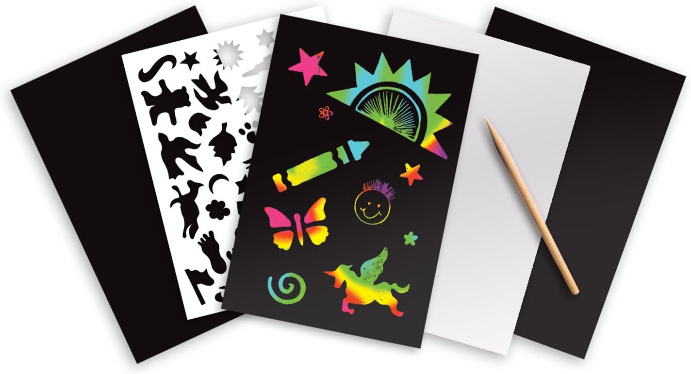 Scratch Art Activity Kit: Rainbow - 4 Boards, Stencil Sheet, Wooden Stylus