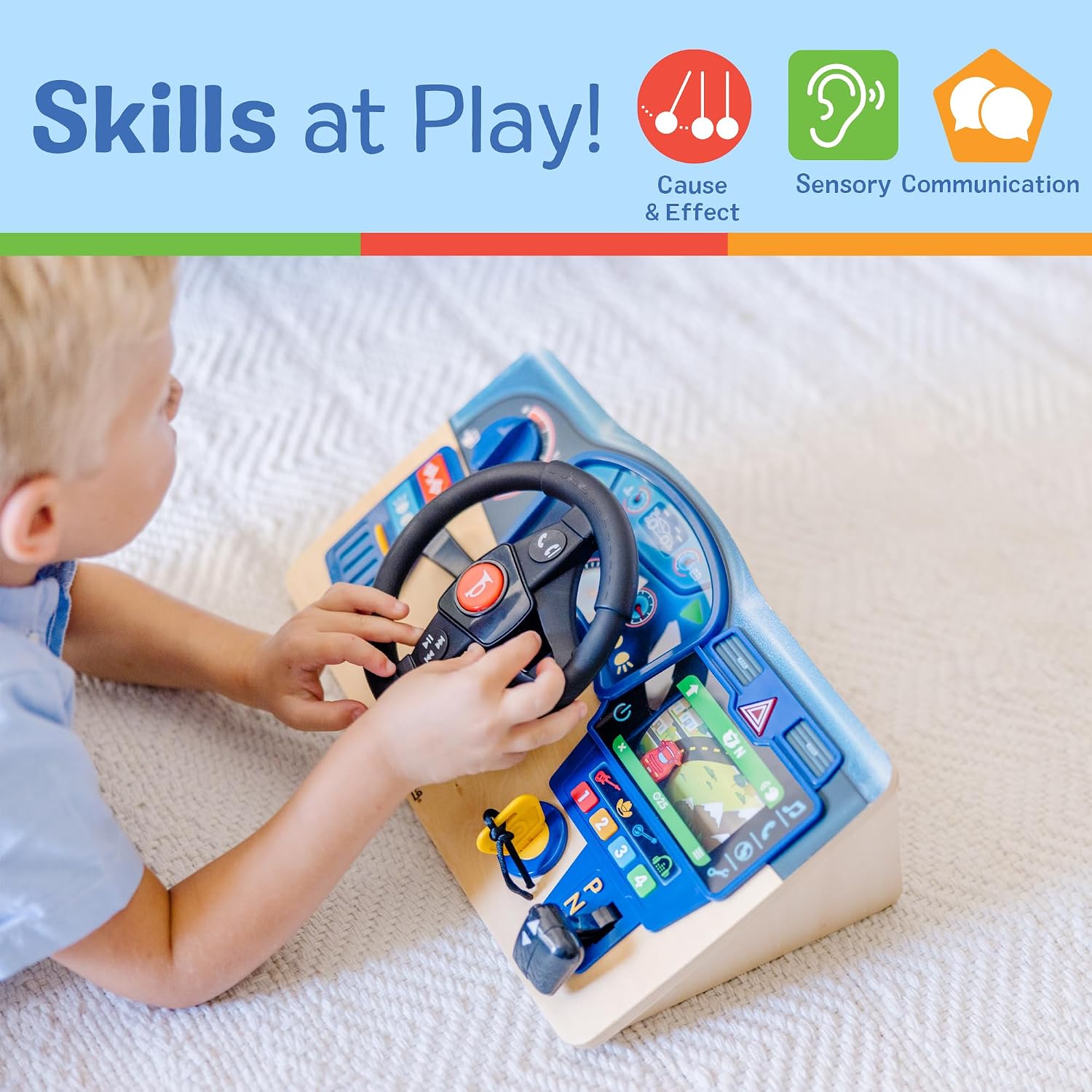 Vroom & Zoom, Interactive Wooden Dashboard, Racing Car Steering Wheel Toy